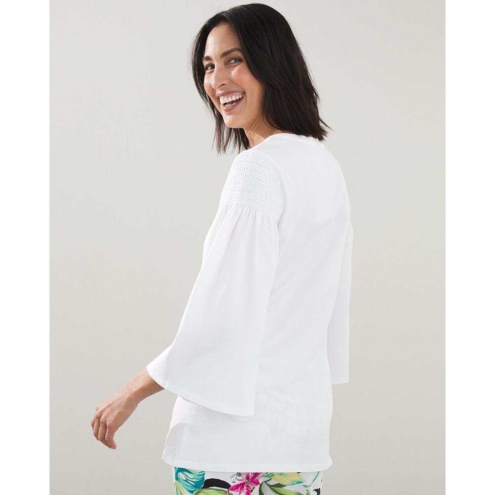 Chico's Women's White Casual 3/4 Sleeve Scoop Neck Smocked Shoulders SZ 3 US/XL - Picture 3 of 11